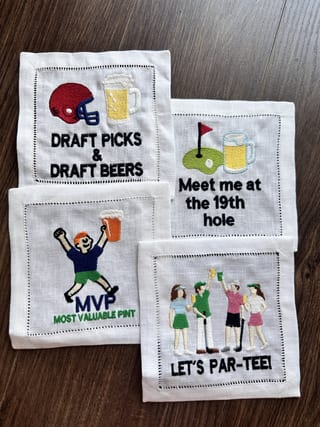 Funny Sports Cocktail Napkins – Embroidered Linen Game Day Set, Football, Basketball, Golf & Hockey Bar Napkins
