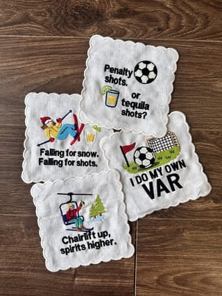 Funny Sports & Ski Cocktail Napkins – Scalloped Embroidered Linen, Soccer, Baseball, Hockey & Apres Ski Bar Set