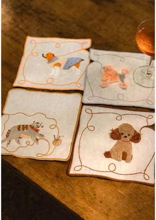 Embroidered Linen Cocktail Napkins - Dog & Cat Designs - Set of 4