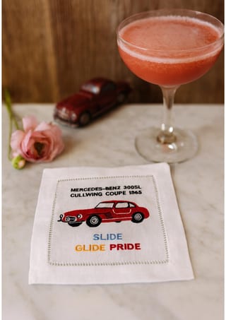 Embroidered Linen Car Cocktail Napkins: Automotive Art