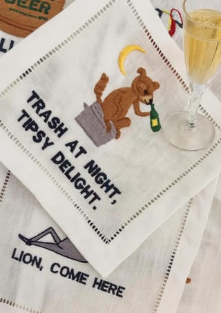 Embroidered Linen Cocktail Napkins – Funny Animal Bar Coasters, Set of 4