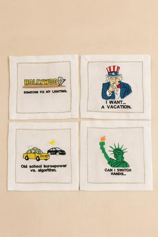 Funny Embroidered Linen Cocktail Napkins, American Icons, Set of 4