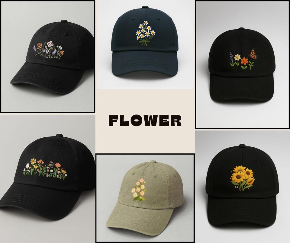 Collage of caps with colourful machine-embroidered wildflowers