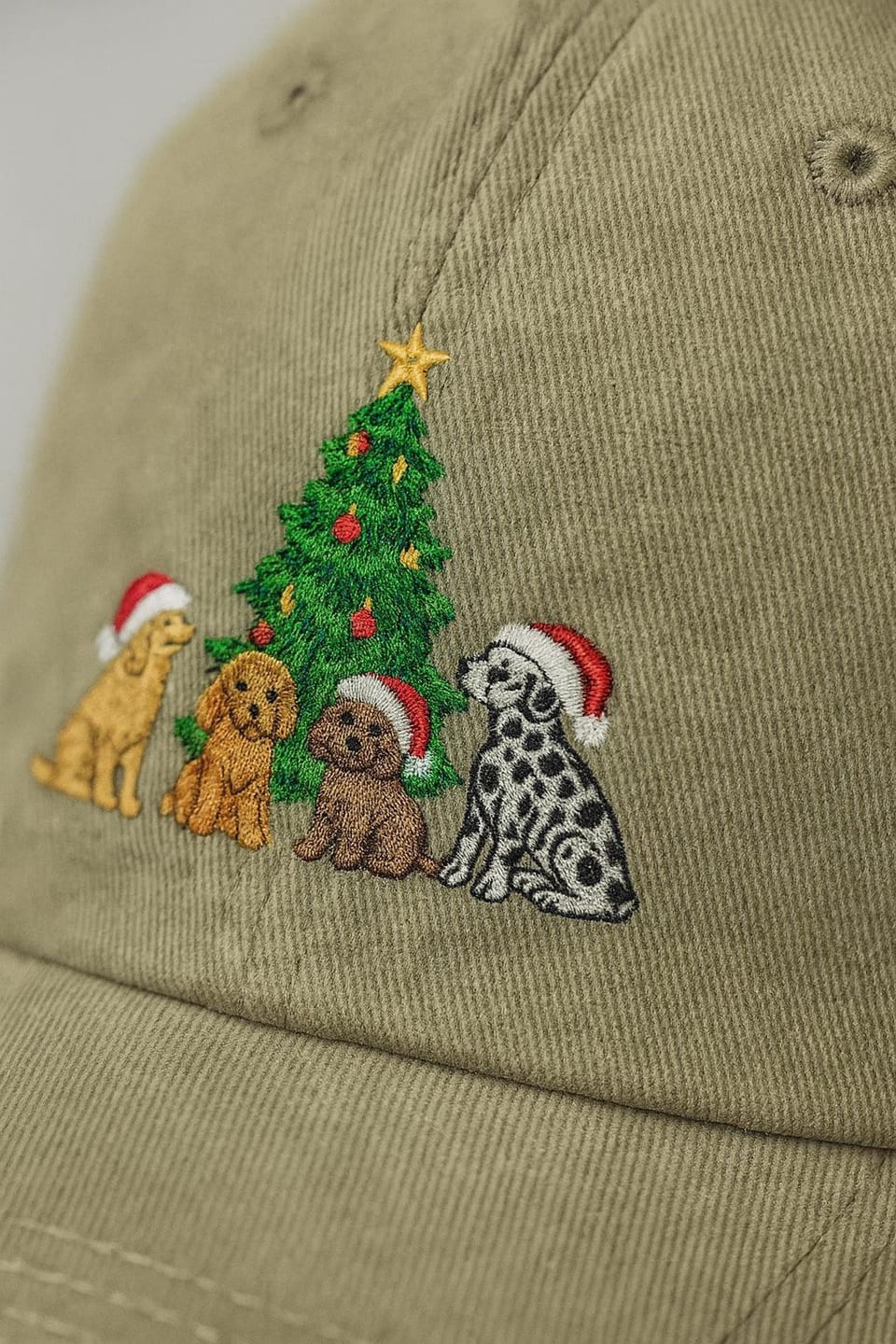 Khaki cap with machine-embroidered puppies around a Christmas tree