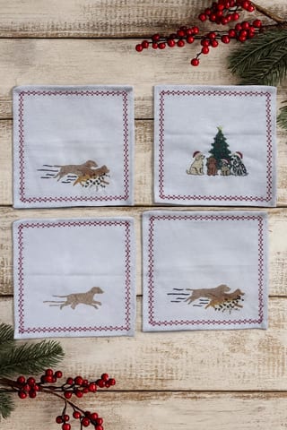 Embroidered Christmas Cocktail Napkins, Dog Linen Napkin Set of 4